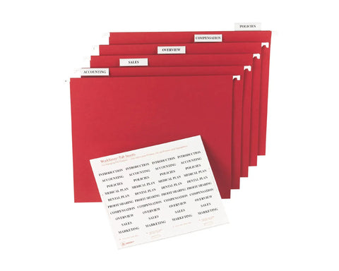 Slick Insertable Index Tabs, 2 Inch White File Folder Labels Compatible With Laser And Inkjet Printers, Bulk 600 Count sheets with red folders.