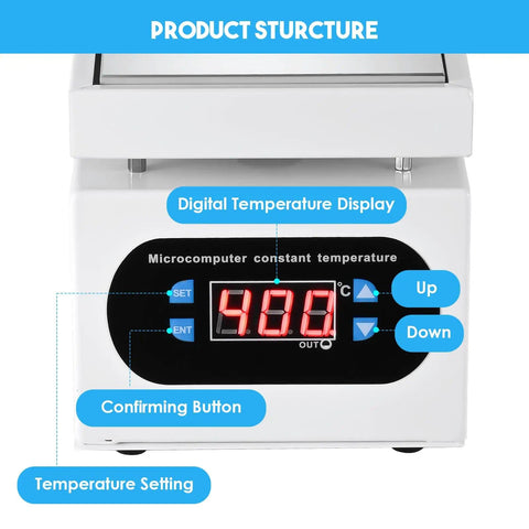 High Power Soldering Hot Plate Station 110V 350W with 100x100mm aluminum plate, digital temperature display showing 400°C