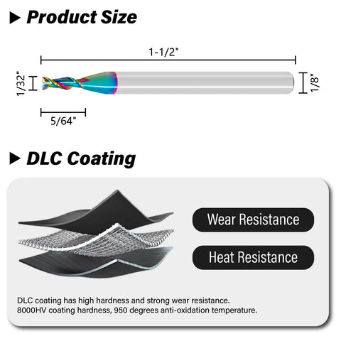 Two Flute Tungsten Carbide Micro End Mills Set For Aluminum And Copper Alloys DLC Coated Square End Mills size and coating chart