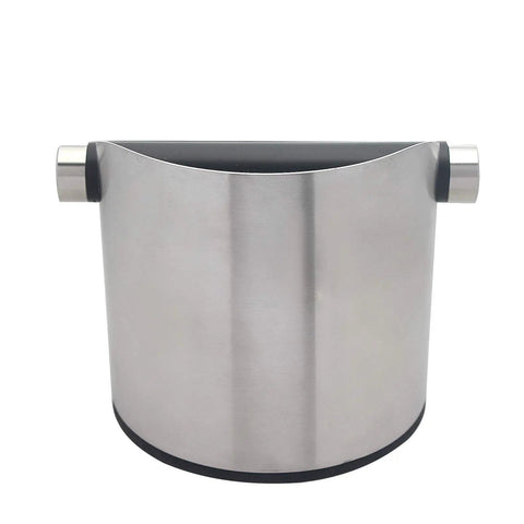 Espresso Knock Box Built Tough From Stainless Steel, Removable Knock Bar, And Non Slip Rubber Base, front view, silver finish