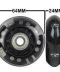 64mm LED Inline Luggage Wheels With Bearings Two Pack For Skate Ripstik Style Suitcases, Self Powered, Black, Front and Side View