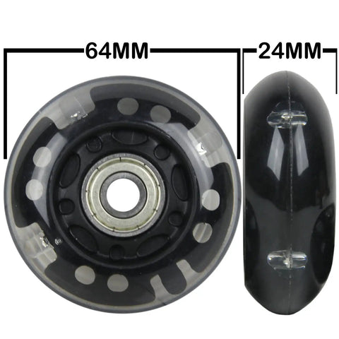64mm LED Inline Luggage Wheels With Bearings Two Pack For Skate Ripstik Style Suitcases, Self Powered, Black, Front and Side View