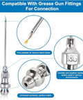 All In One Pro Grade Grease Gun Fittings Kit with 90 Degree Coupler, needle nozzles and universal connector displayed.