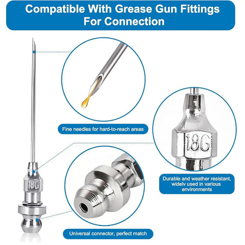 All In One Pro Grade Grease Gun Fittings Kit with 90 Degree Coupler, needle nozzles and universal connector displayed.