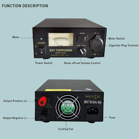 Beefy 13.8V 30A Ham Radio Power Supply with AC to DC conversion, showing front panel, cigarette lighter socket, and cooling fan.