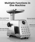 Heavy Duty Electric Meat Grinder With Strainer And Tomato Sauce Press Maker features safety lock, reverse function, and efficient heat technology.
