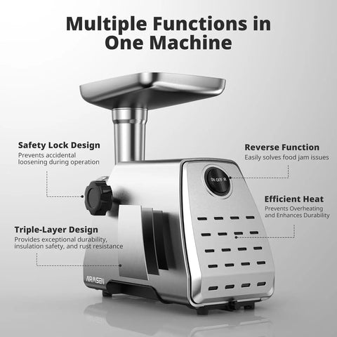 Heavy Duty Electric Meat Grinder With Strainer And Tomato Sauce Press Maker features safety lock, reverse function, and efficient heat technology.