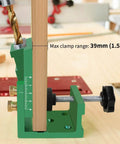 Precision Pocket Hole Jig With Two Hole Adjustable Angle Drill Guide For Woodworking, green aluminum body on workbench