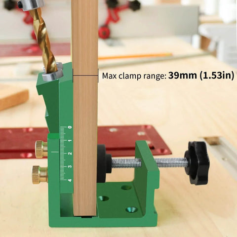 Precision Pocket Hole Jig With Two Hole Adjustable Angle Drill Guide For Woodworking, green aluminum body on workbench