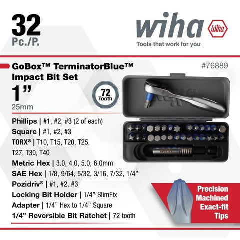 Killer Quality 32 Piece Impact Bit Set With Compact Mini Ratchet and Dependable Magnetic Driver for Quick On Site Repairs Covering Torx Phillips Hex Bits in a 1" storage case.