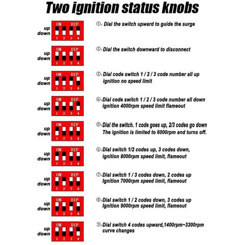 Diagram of two ignition status knobs for Six Pin Adjustable AC CDI Motorcycle Ignition Box With DIP Switch Dual Plug CDI Unit