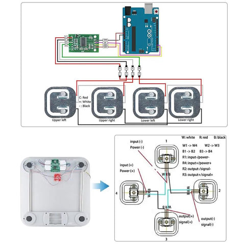 Four 50kg Load Cell Half Bridge Sensor Kit With HX711 Module For Precise Weight Readouts, Scalable To 100kg With Two Sensors Or Standalone With External Resistor, Perfect For DIY Scales, Robotics, And Force Sensing Projects, wiring diagram