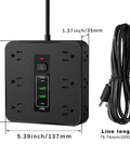 Game Changer Smart Power Strip Surge Protector With 12 AC Outlets 4 USB And 2 USB C Ports Extra Wide Spacing showing dimensions and ports.