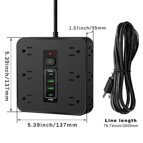 Game Changer Smart Power Strip Surge Protector With 12 AC Outlets 4 USB And 2 USB C Ports Extra Wide Spacing showing dimensions and ports.