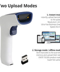 Wireless Portable 1D Bluetooth Barcode Scanner Handheld Workhorse 3 In 1 Cordless Rechargeable Scan Gun For Inventory USB Barcode Reader 1D Only No QR No Stand Compact shown with USB adapter and screen displays.