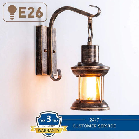 2 In 1 Black Rustic Wall Light With Industrial Glass Shade Lantern Metal Wall Sconce glowing on white wall
