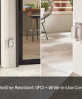 Weather-Resistant GFCI Outdoor Outlet 15 Amp With Self Test And LED Indicator in use showing stainless steel strap on patio