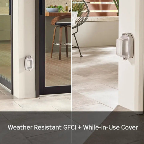 Weather-Resistant GFCI Outdoor Outlet 15 Amp With Self Test And LED Indicator in use showing stainless steel strap on patio