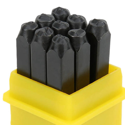 Pro Grade Metal Stamping Kit With Carbon Steel Stamps 3mm Alphabet And Number Punches in a yellow hard case