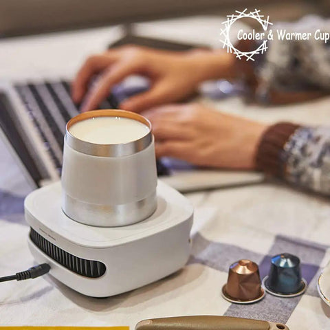 Keep Your Morning Sip Hit The Spot With This Versatile Travel Coffee Mug Warmer That Heats Or Chills Drinks Quickly Ideal For Commutes Desk Work And Home Offices, showing a mug on a warmer at a desk.