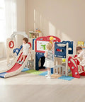 Children playing on 12 In 1 Outdoor Toddler Playset With Slide Swing Basketball Hoop Climbing Wall Tunnel And Hideout Kid Friendly.