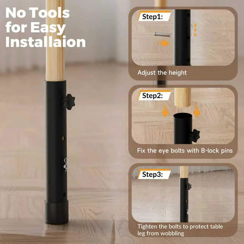Step-by-step installation guide for Heavy Duty Table Leg Extenders Providing Three Level Height Adjustable Folding Risers.