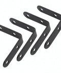Five 2-inch black stainless steel L brackets in a row, part of 20 Piece 2 Inch L Brackets Stainless Steel Right Angle Corner Braces Built For Shelves Cabinets Chairs And Wood Furniture Black Finish Easy Install With Screws Included.
