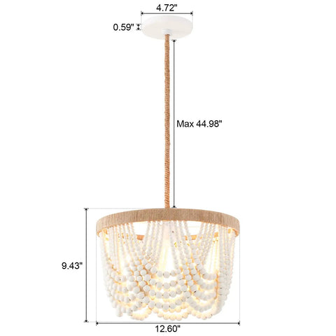 Bohemian Wood Beaded Pendant Light With White Finish Rustic Three Light Mini Chandelier For Bedroom And Nursery Hallway And Dining Room Hand Rope Knot Design For Cozy Vibe, side view showing dimensions and hanging height.