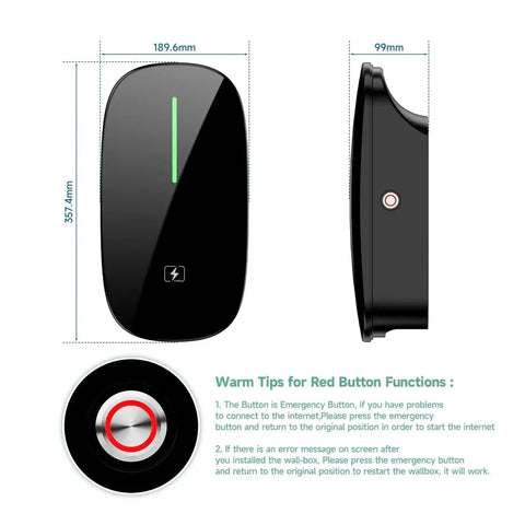 Slick Type Two Electric Vehicle Wall Charger Providing 7.6 To 22 Kilowatts Fast Juice Up Capability With Compact Build showing dimensions and emergency button details.
