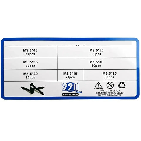 220 Piece Dang Tough Carbon Steel Phillips Pan Head Wood Screws Assortment Kit sizes and quantities chart on packaging.