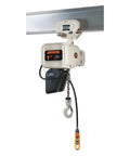 Food Grade Three Phase Chain Hoist With Hook Mount And Push Trolley Dual Speed 1 Ton 10 Foot Lift White Epoxy Finish.