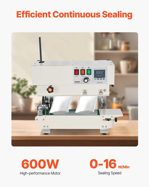 Continuous Band Sealer Machine With Digital Temperature Control 600W Carbon Steel Build on a counter