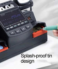 Close-up of Dual Port Soldering Station 450W Two In One Rework System With 115 210 245 Handles, showing splash-proof tin design.