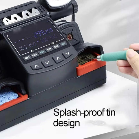 Close-up of Dual Port Soldering Station 450W Two In One Rework System With 115 210 245 Handles, showing splash-proof tin design.
