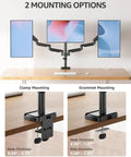 Triple Monitor Desk Mount For Up To 27 Inch Screens, Heavy Duty Arm System installed with clamp and grommet options on desk