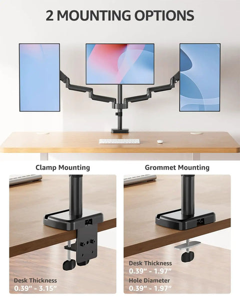 Triple Monitor Desk Mount For Up To 27 Inch Screens, Heavy Duty Arm System installed with clamp and grommet options on desk