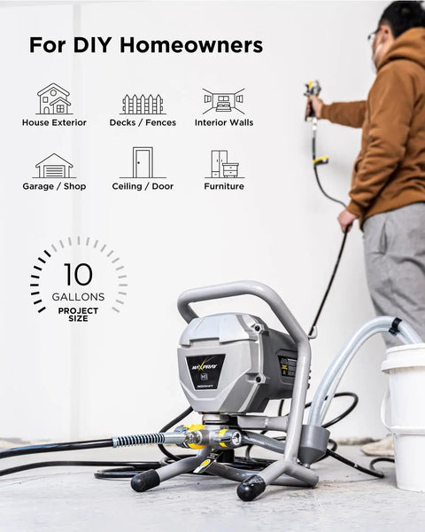 Heavy Duty Airless Paint Sprayer Pumping 3000 Psi 0.31 Gpm for DIY projects with hose and bucket, ideal for exterior and interior use.