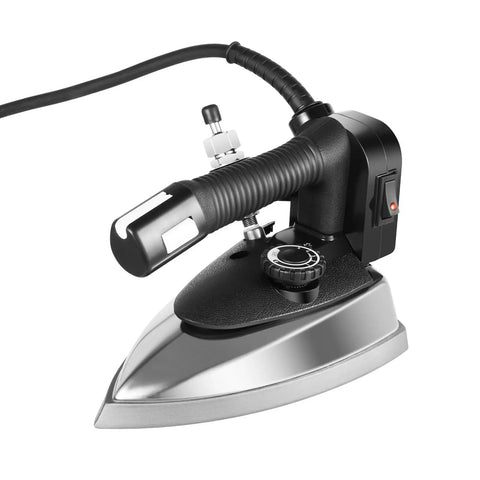 Pro Grade Industrial Electric Steam Iron Bringing Killer 1200W Heat And Zero Grind Titanium Gold Soleplate close-up showing handle and steam features.
