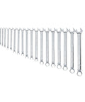 Heavy Duty Metric 18 Piece Wrench Set Built To Last With Full Polish Chrome, Hashmark Grips, Longer Panel Design arranged linearly.