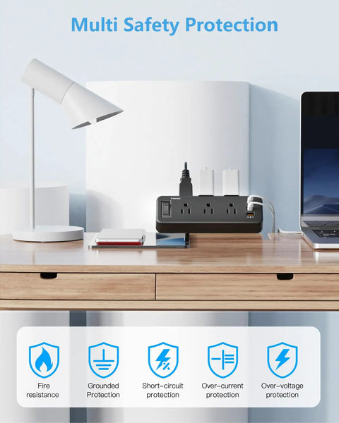 6 Outlet Desk Clamp Power Strip With USB-C And USB-A, Flat Plug Surge Protector on desk, edge mount, lamp and laptop nearby