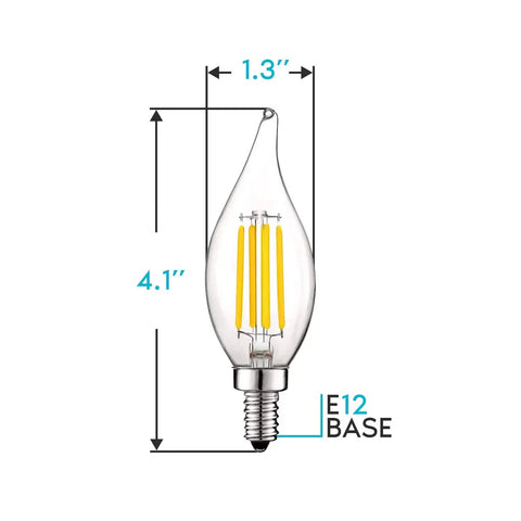 Vintage Candelabra LED Bulb 60W Equivalent 550 Lumens 3000K Soft White Dimmable Filament Candle Bulb with E12 base dimensions
