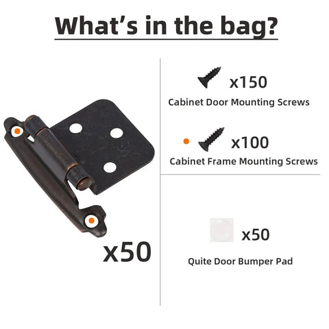 Oil Rubbed Bronze Kitchen Cabinet Hinges One Half Inch Overlay Self Closing Flush Mount 20 Pcs Set with screws and bumpers