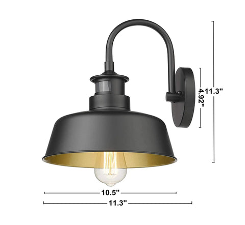 Motion Sensor Gooseneck Barn Lights Outdoor Wall Mount Porch Lights Industrial Farmhouse Sconces Black Finish Exterior Lighting Fixture, E26 Base, Requires Bulb Up To 100W, 2 Pack. Dimensions include height and fixture width.