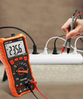 Auto Ranging Digital Multimeter For DIYers With 6000 Counts For AC DC Voltage And Current Resistance Capacitance Diode Test NCV Duty Cycle And Type K Thermocouple Probe For Quick Home And Auto Electrical Fixes in use measuring voltage on power strip