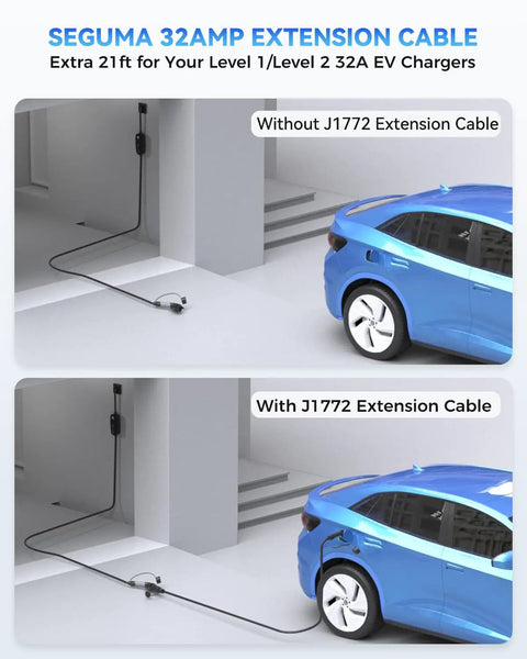 Comparing charging reach with and without Heavy Duty 21Feet J1772 EV Charger Extension Cord 32 Amp SAE J1772 Extension Cable