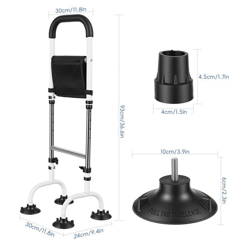 Stand Assist Rail for Elderly and Seniors, Quad Cane Mobility Aid With Four Point Support, shown with height measurements