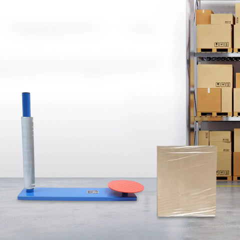 Industrial Workhorse Stretch Film Dispenser, Snappy Manual Wrap Roller with blue frame near wrapped pallet box