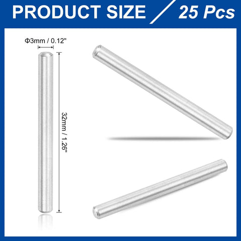 Dowel Pins Set Of 25, 3mm Diameter By 32mm Length, 304 Stainless Steel, silver finish shown from different angles.
