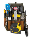 FlapFit Tool Pouch With Flap Nine Pocket Belt Pouch With Eight Tool Loops And Metal Tape Clip Rugged 600D Ripstop Nylon Construction For Pros On The Job Original Series Brown, front view loaded with tools