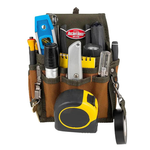 FlapFit Tool Pouch With Flap Nine Pocket Belt Pouch With Eight Tool Loops And Metal Tape Clip Rugged 600D Ripstop Nylon Construction For Pros On The Job Original Series Brown, front view loaded with tools